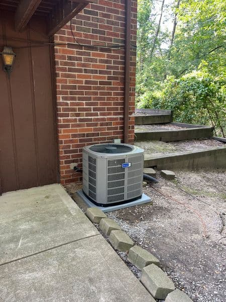 Air conditioning unit by brick wall and steps in a landscaped outdoor setting.