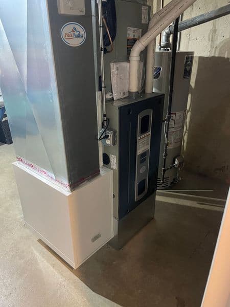 High-efficiency HVAC unit and water heater installed in a basement.